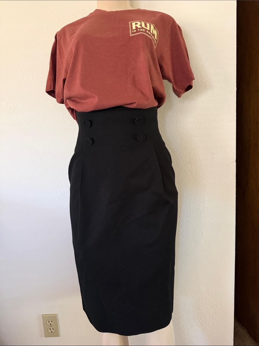 Ann Taylor 100% Wool Black High-Waist Button-Detail Pencil Skirt 6